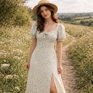 Hesperus Dress Medium Green Floral Puff Sleeve Cottagecore Coquette Milkmaid